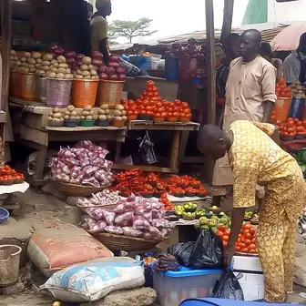 Vegetables laid out on stalls in an open market