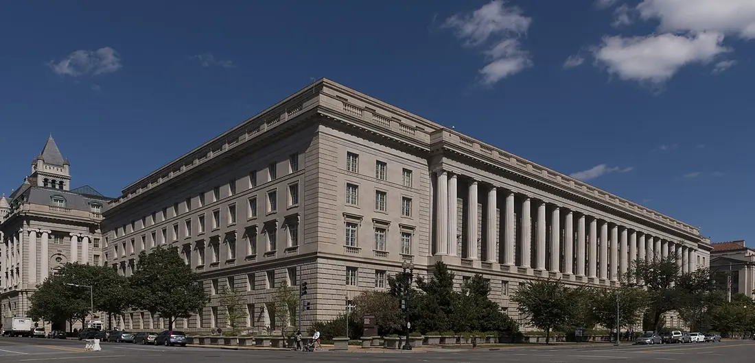 A large government office building with a colonnade
